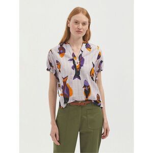NICE THINGS PALOMA S Cotton Parrot Fish Blouse Gathered Short Sleeve Lavender